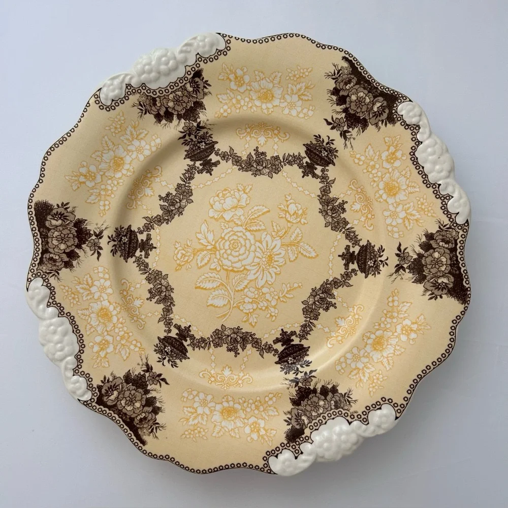 Anthropologie Vintage Shabby Chic Set of 2 Etruscan Festoon Salad Plates Yellow